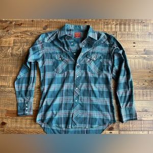 Men’s Vintage Rustler XLong Tails Pearl Snap Shirt Green Plaid Cowboy Western
